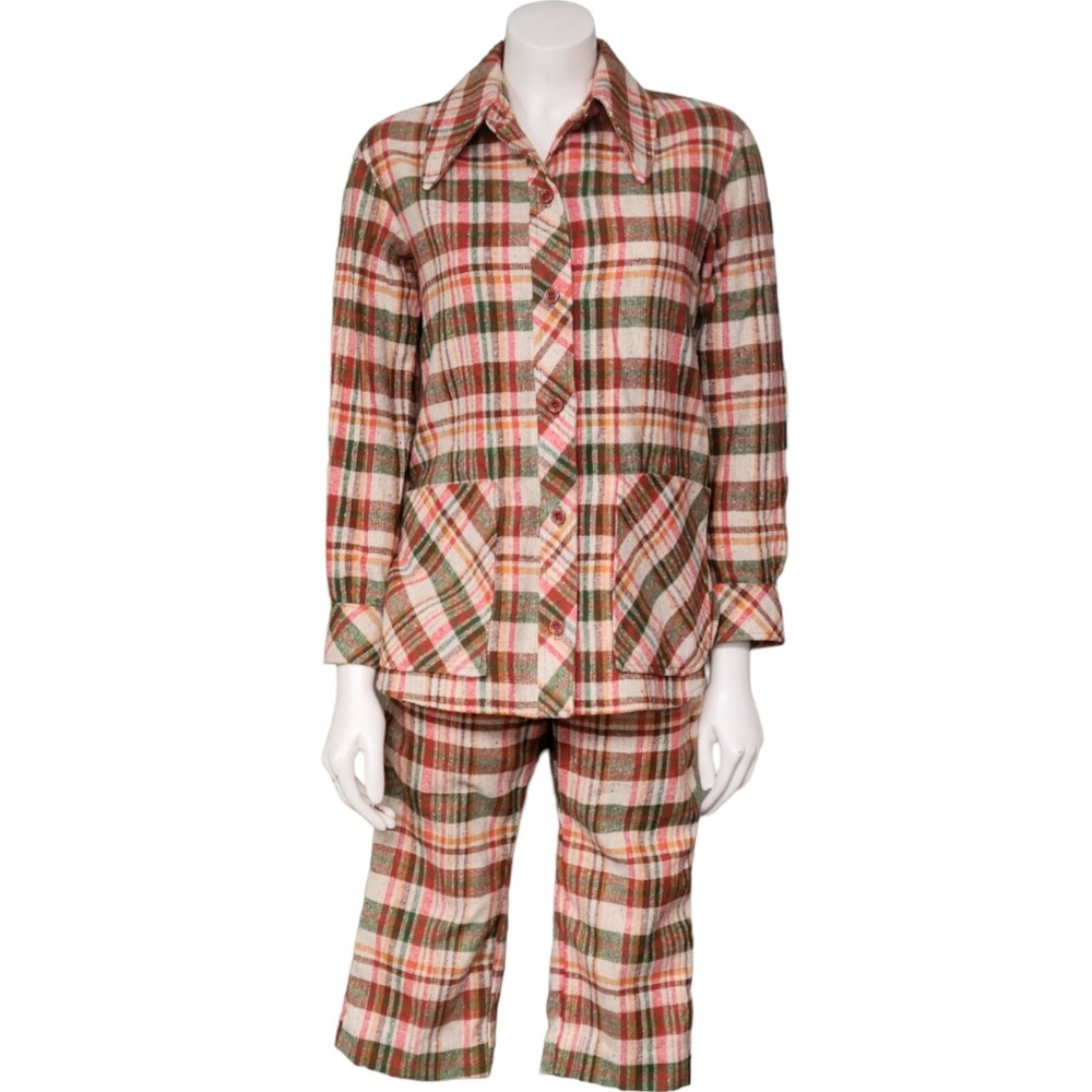 Vintage 70s Plaid Knickers Capris And Blazer Shirt‎ Set White Stag S